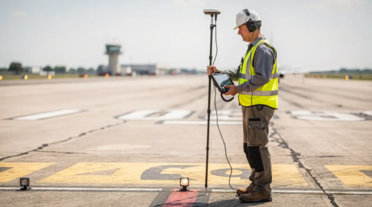 An aerodrome survey captures precise geospatial data for all airport infrastructure including runways, taxiways