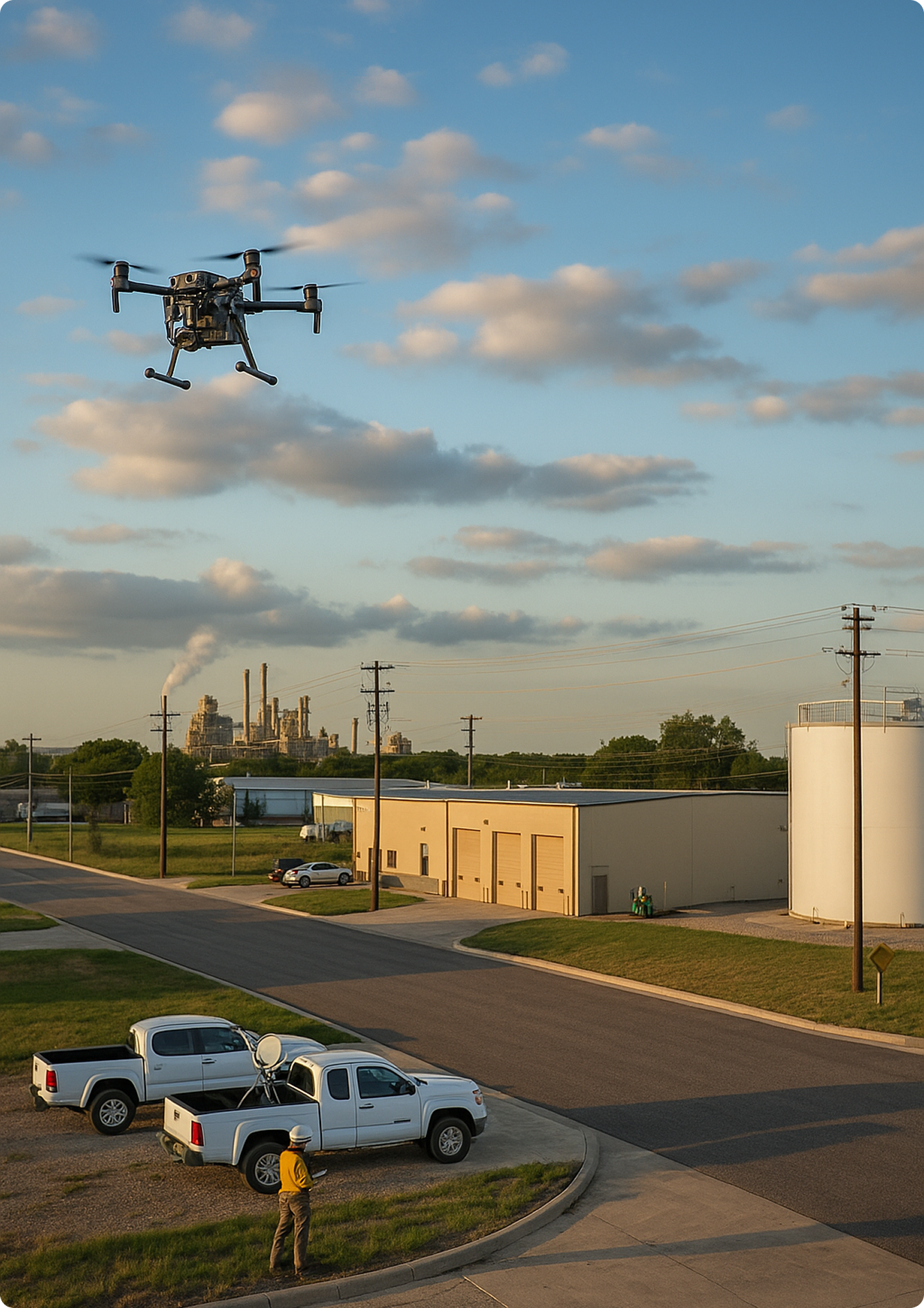 Drone flying over commercial area