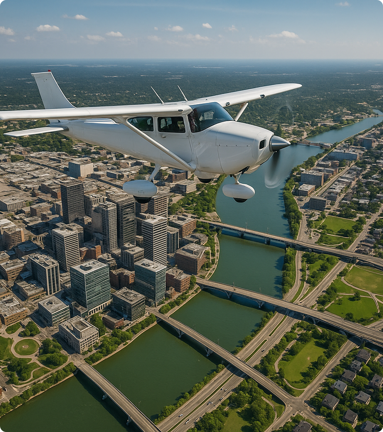 Plane flying over city
